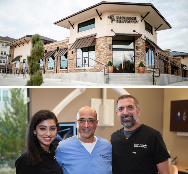 Collage featuring exterior of Irving dental implant center and dentist and team members