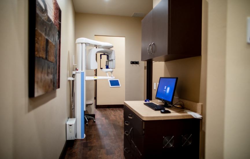 Desk with computer in hallway