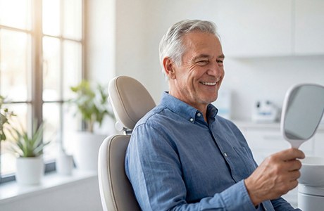 Senior patient looking in mirror, admiring his smile