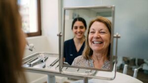 Happy dental patient’s face reflected in mirror